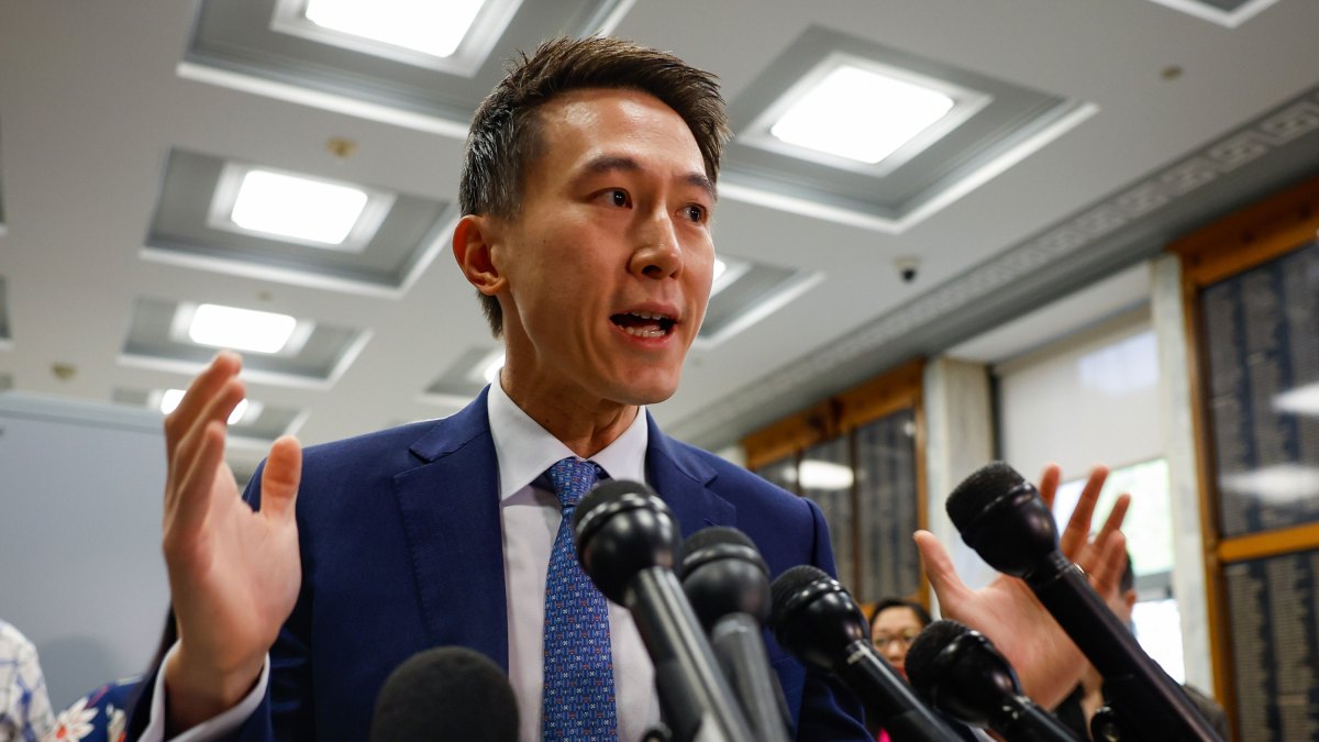 TikTok CEO Shou Zi Chew speaks to the media before he testifies to the House Energy and Commerce Committee in the Rayburn House Office Building on Capitol Hill on March 23, 2023 in Washington, DC.