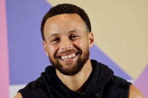 PARIS, FRANCE - JULY 25: Stephen Curry of Team United States smiles as he speaks to the media during a Team United States Basketball Press Conference at Main Press Centre on July 25, 2024 in Paris, France. (Photo by Arturo Holmes/Getty Images)