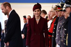 Prince William, Prince of Wales and Catherine, Princess of Wales greet dignitaries as she arrives to form part of a Ceremonial Welcome at Horse Guards Parade during day one of The Amir of the State of Qatar