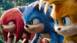 Knuckles (Idris Elba), Sonic (Ben Schwartz) and Tails (Colleen O'Shaughnessey) in Sonic the Hedgehog 3 from Paramount Pictures and Sega of America, Inc.