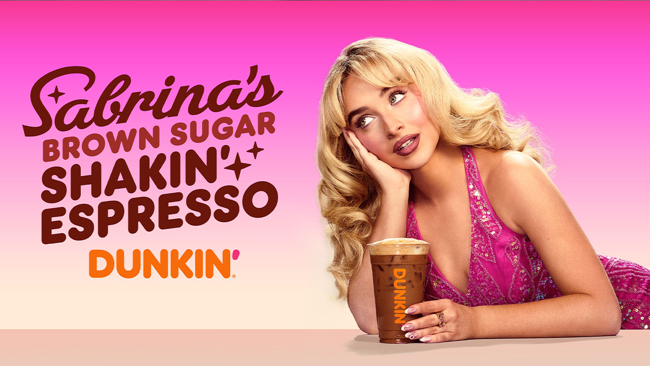 Sabrina Carpenter with Dunkin's Sabrina's Brown Sugar Shakin' Espresso.