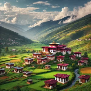 Bhutan travel guide featuring a stunning view of Paro Valley with traditional Bhutanese houses, green fields, and majestic mountains.