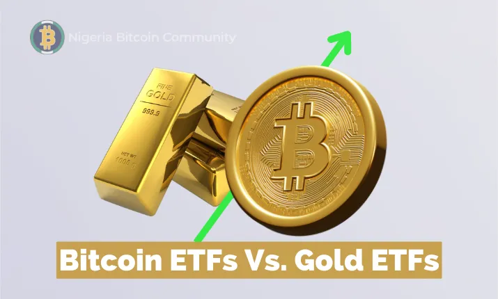 Bitcoin ETF symbol overshadowing gold bars to illustrate market dominance.