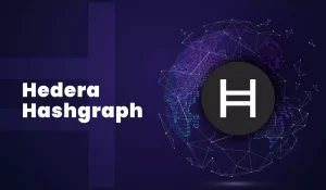 Graphic illustration of Hedera Hashgraph technology with interconnected nodes and HBAR token representation.