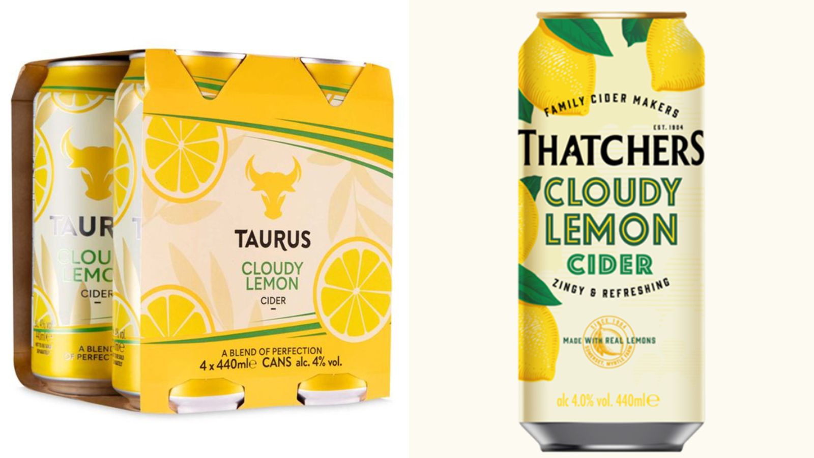 Aldi and Thatchers cloudy lemon ciders. Pics: Aldi/Thatchers