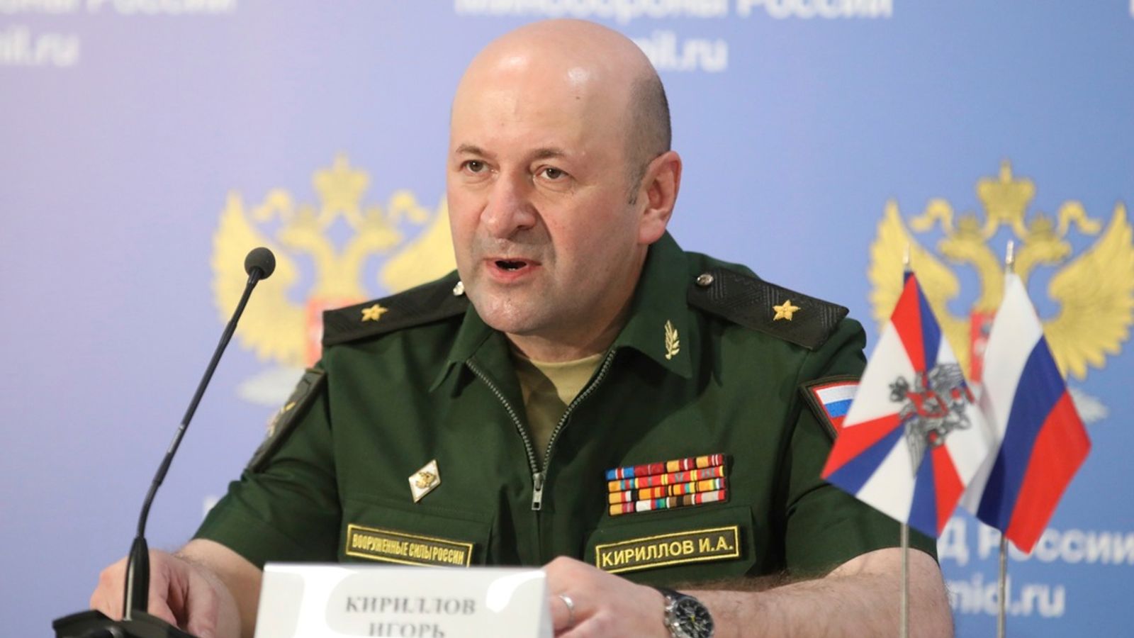 FILE - Maj. Gen. Igor Kirillov, the chief of the Russian military's radiation, chemical and biological protection unit, attends a briefing in Kubinka Patriot park, outside Moscow, Russia, on June 22, 2018. (AP Photo, File)