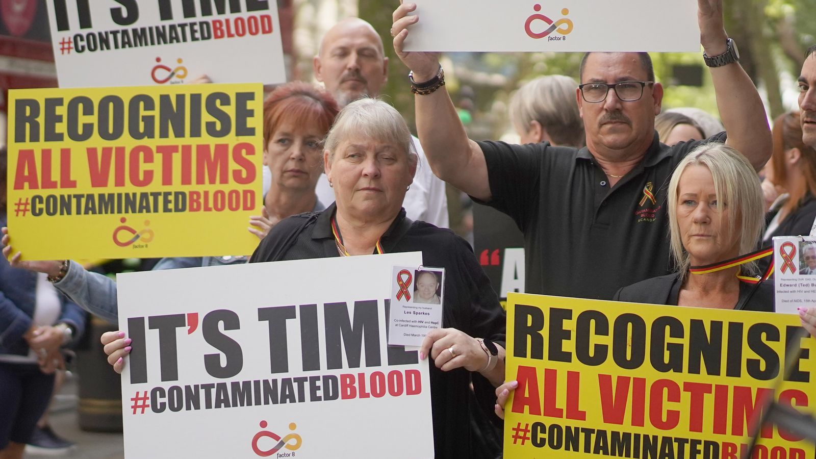 Infected blood scandal campaigners demonstrate outside Westminster in July 2023