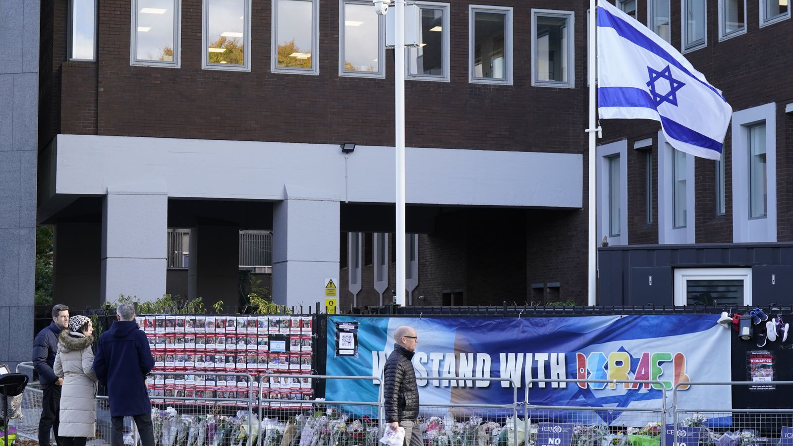 Israel's embassy in Dublin, pictured on 7 November 2023 with floral tributes following the Hamas attack a month prior. Pic: PA