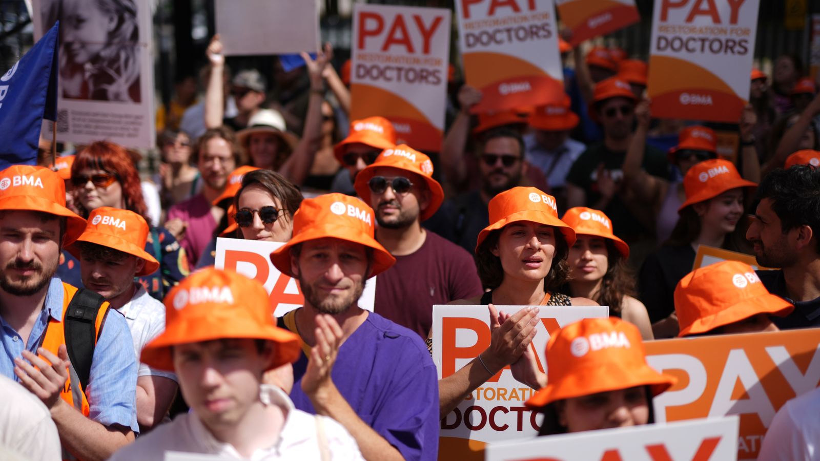 Junior doctors protest opposite Downing Street, London, during their continuing dispute over pay. Picture date: Thursday June 27, 2024.