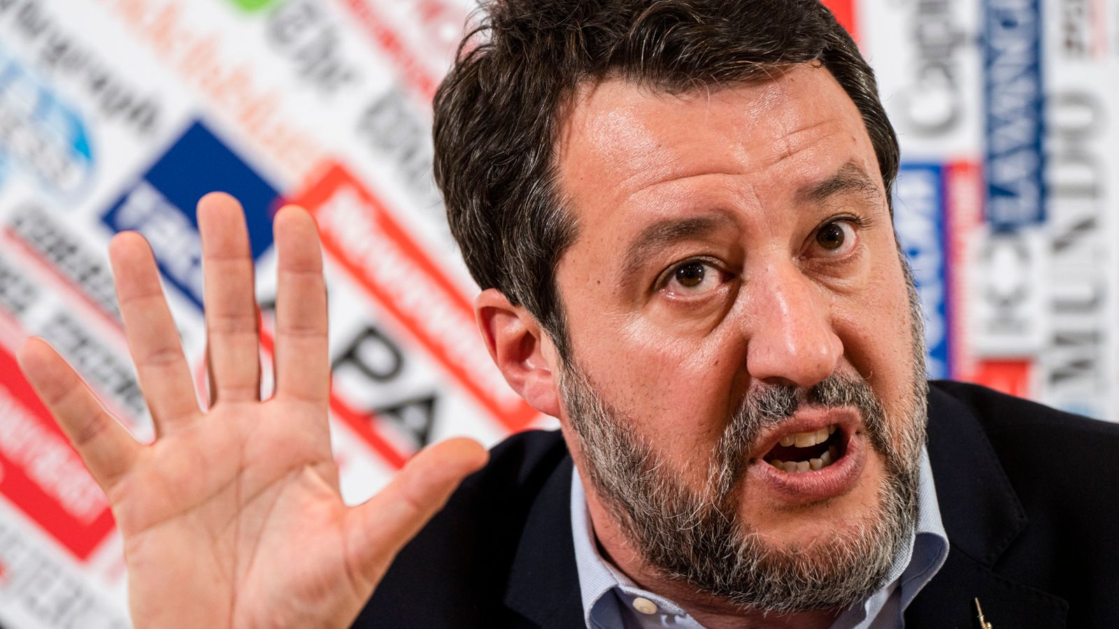 Italian Infrastructure Minister Matteo Salvini speaks during a press conference at the Foreign Press Club in Rome, Tuesday, April 4, 2023. Salvini addressed questions, among others, about the role of Italy in the migration crisis in the Mediterranean Sea, and about the multi-billion euros project to build a bridge over the Messina strait between Sicily and Calabria in southern Italy. (AP Photo/Domenico Stinellis)