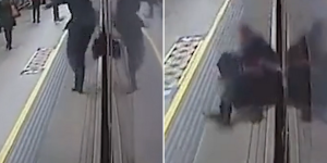 Terrifying moment man is nearly dragged to his death by train pulling into railway station