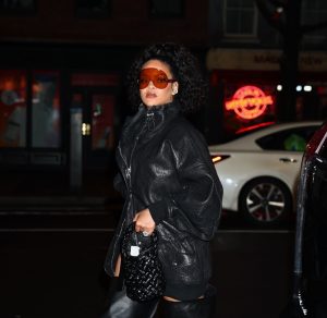 Rihanna Steps out In New York City in Bottega Veneta’s Black Kalimero Bucket Bag