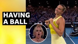 Australian Open: Aryna Sabalenka dances with Rebel Wilson watching