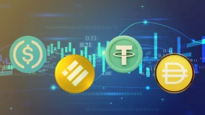 Illustration of stablecoins in blockchain payments showcasing cross-border transactions and decentralized finance.