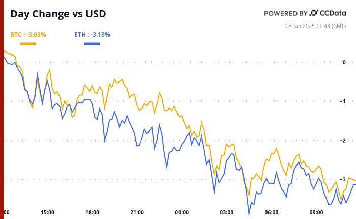 Bitcoin and ether’s 24-hour performance