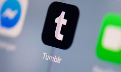 the logo of the US social network application Tumblr on the screen of a tablet.