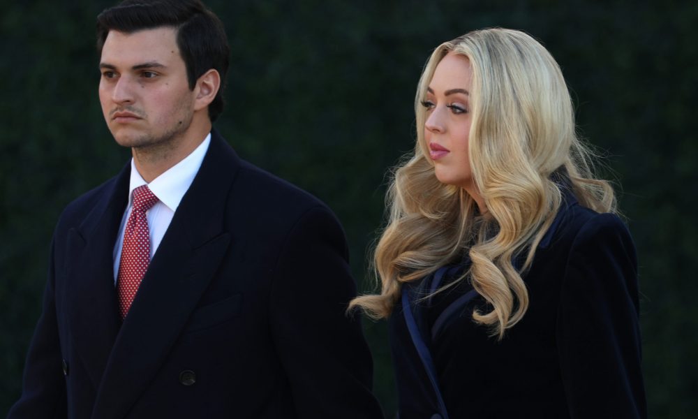 Tiffany Trump, daughter of U.S. President Donald Trump, and her husband Michael Boulos arrive for church services at St. John