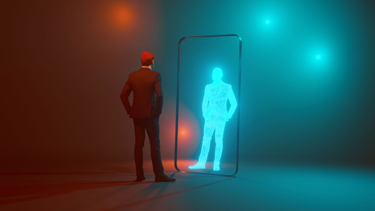 A man standing in front a digital clone of himself through a frame