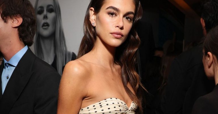 Kaia Gerber Went for Classic Chic Vibe in Strapless Polka Dot Dress