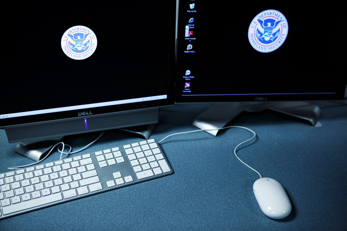 The logos of the U.S. Department of Homeland Security are seen on computer terminals in a training room of the Cyber Crimes Center of the U.S. Immigration and Customs Enforcement October 13, 2009 in Fairfax, Virginia.