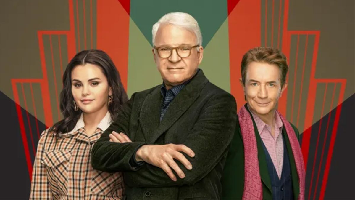 Selena Gomez stands to the left of Steve Martin and Martin Short