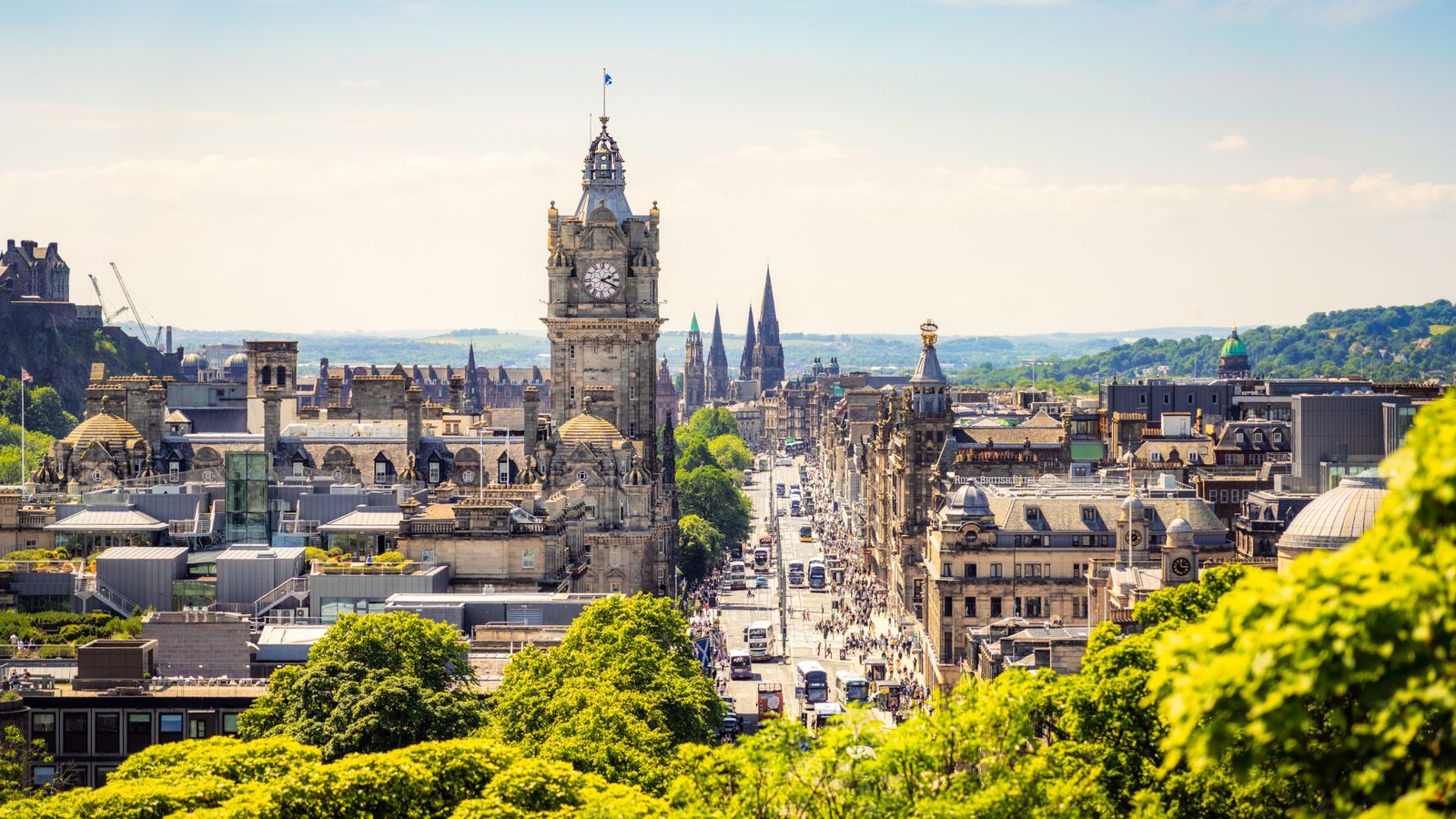 A high angle view over central Edinburgh, with Princes Street busy with pedestrians on a sunny afternoon. Pic: iStock