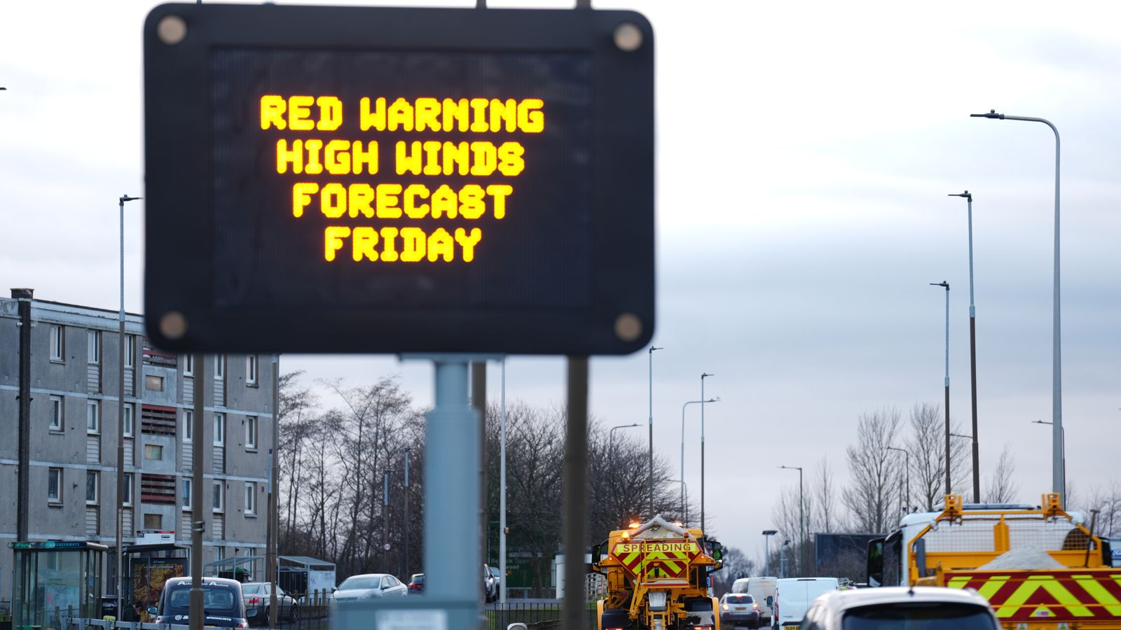 A road sign displaying a red weather warning for Friday on Calder Road, Edinburgh. Forecasters are warning of flying debris resulting in danger to life, as well as "very dangerous" driving conditions because of fallen trees as dangerous conditions are expected with the top level red warning for wind issued for Northern Ireland and parts of Scotland across Friday morning. The Met Office has issued weather warnings across the UK, but the worst of Storm Eowyn is expected to strike across the island