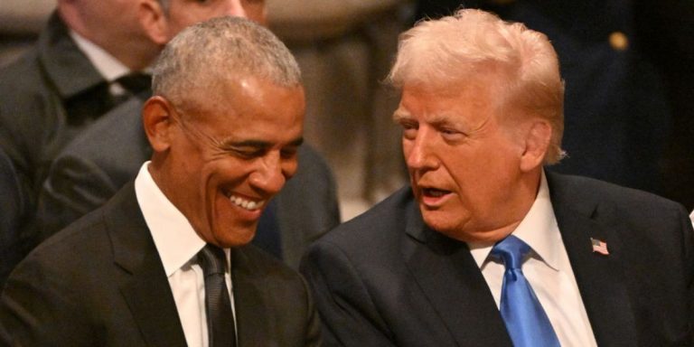 Barack Obama and Donald Trump share laugh at Jimmy Carter’s funeral before being given ‘death stare’ by Kamala Harris