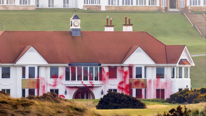 An image released by protest group Palestine Action showing red paint splattered on the walls of a building at Turnberry golf course in Scotland