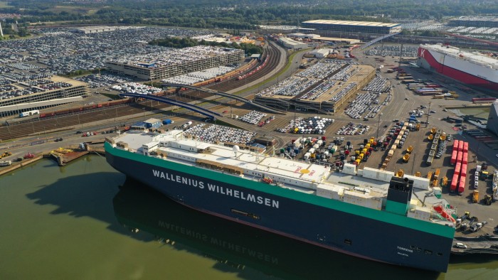 An aerial view of the Port of Bremerhaven in Germany shows a roll-on roll-off vessel, operated by Wallenius Wilhelmsen