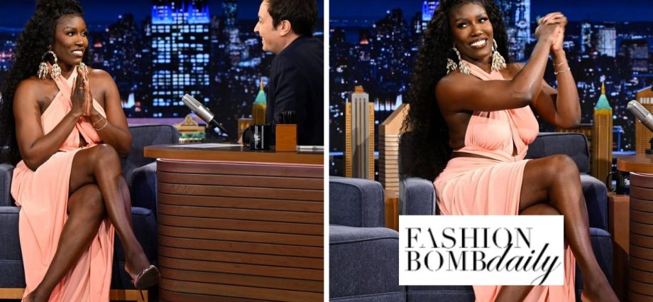 Bozoma Saint John Wore a Blush $287 J.Angelique 'Tori' Dress with Jessica Rich Heels to The Tonight Show with Jimmy Fallon