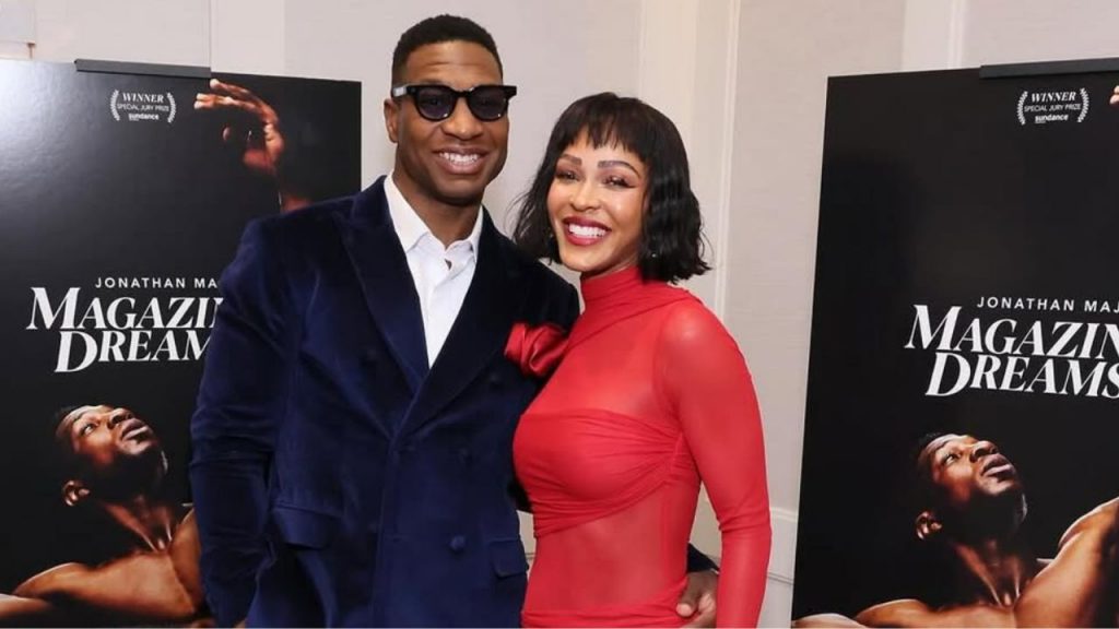 Meagan Good Posed with Her Husband Jonathan Majors in a Red Do Long Official Dress at the 'Magazine Dreams' Screening