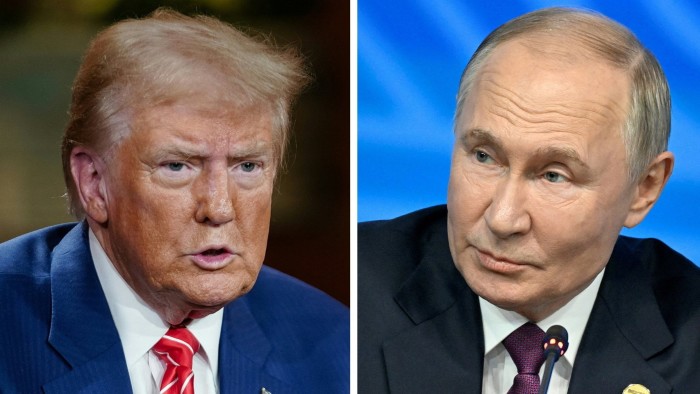 Donald Trump also chided his Russian counterpart Vladimir Putin, right, for attacking Volodymyr Zelenskyy’s legitimacy as Ukraine’s leader
