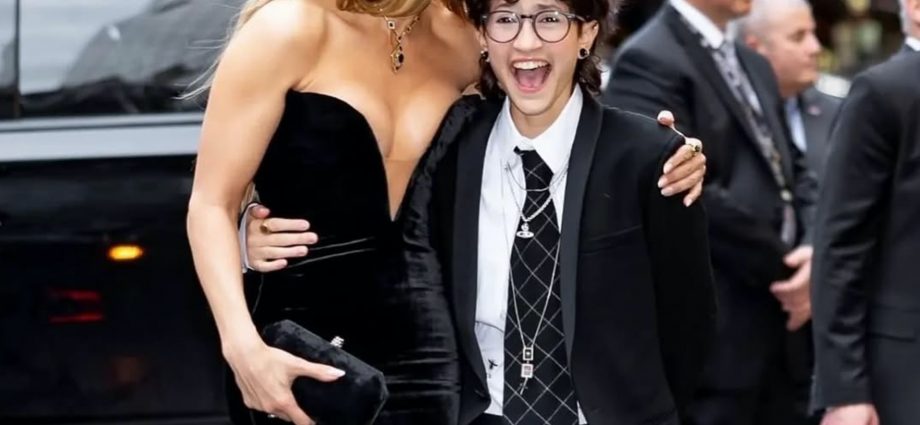 Jennifer Lopez Wears Saiid Kobeisy Black Column Gown with White Cape to Good Night, and Good Luck New York Premiere