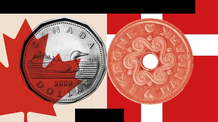 A montage of Canadian and Danish currency and colours