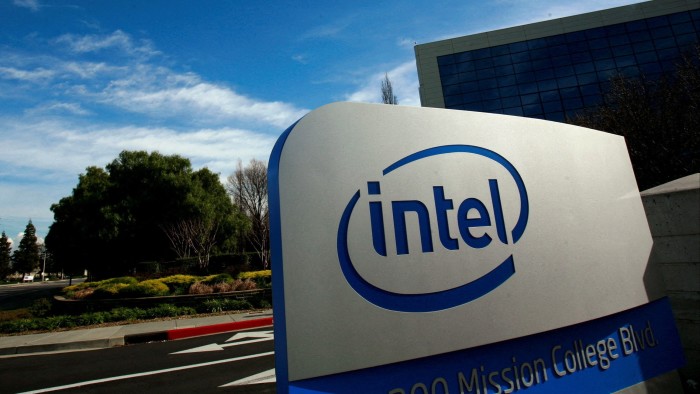 The Intel sign at the entrance to its headquarters in Santa Clara, California