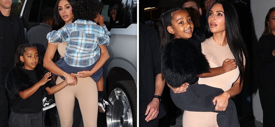 Kim Kardashian Brings Kids to SKIMS Drive-In, Poses on Hood of Vintage Car