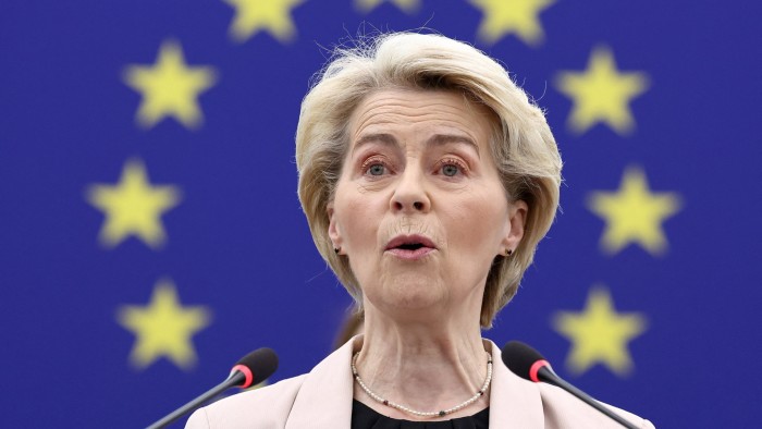European Commission president Ursula von der Leyen stands in front of the Eurozone logo in the European parliament in Strasbourg, France on March 20 2025