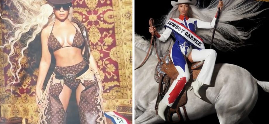 Beyonce Slays in a Louis Vuitton Monogram Swimsuit with Matching Chaps For Cowboy Carter Promo