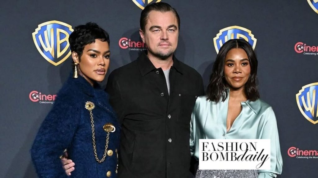 Teyana Taylor Wore a Navy Schiaparelli Coat Alongside Leonardo DiCaprio and Regina Hall in a Aqua Vince Top and Tom Ford Sequins Pants While Promoting New Film