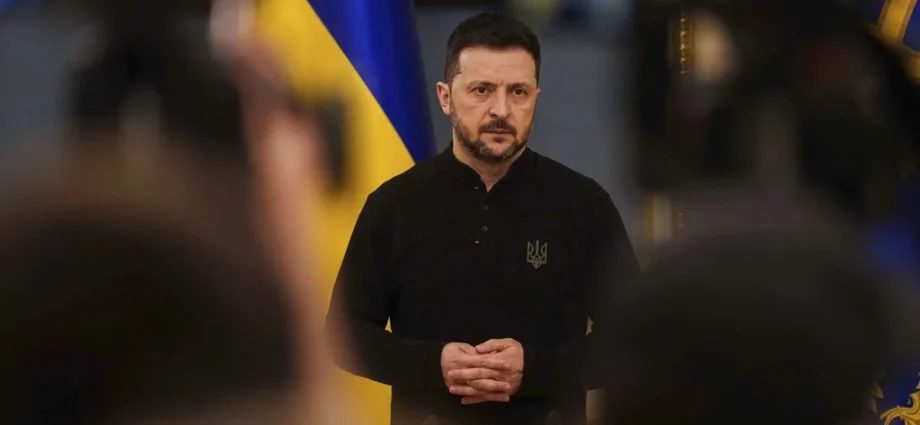 Ukrainian President Volodymyr Zelenskyy speaks during a press conference in Kyiv, Ukraine, Friday, April 4, 2025.
