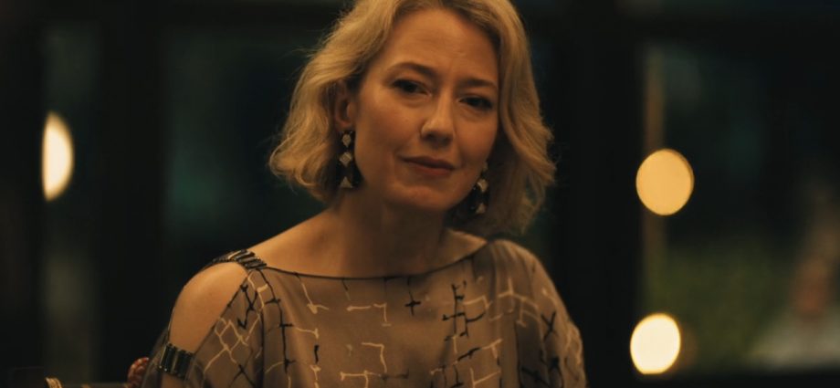 Carrie Coon looking emotional in the Season 3 finale dinner