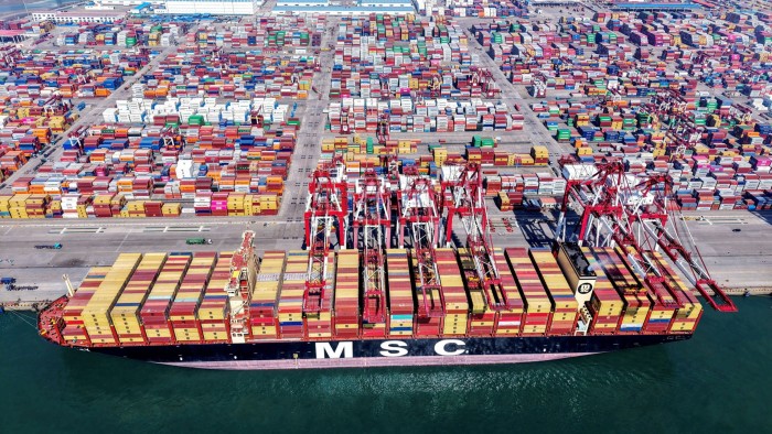 A container ship at the port in Qingdao in China’s eastern Shandong province