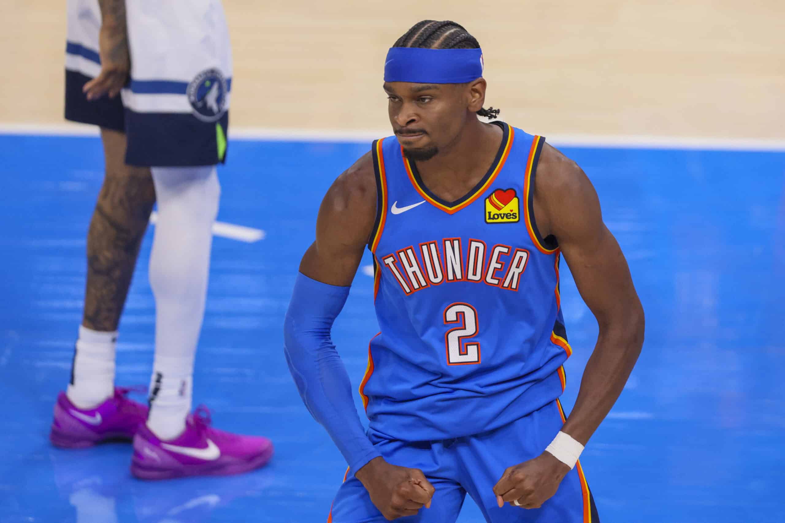 Oklahoma City Thunder guard Shai Gilgeous-Alexander reacts after a play against the Minnesota Timberwolves during the first half of Game 2 of an NBA basketball Western Conference Finals playoff series Thursday, May 22, 2025, in Oklahoma City.