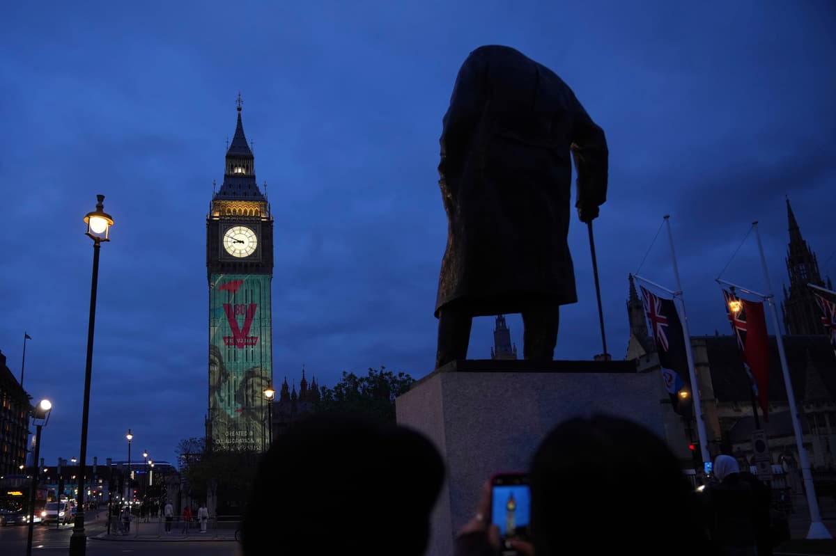Landmarks across Britain lit in red, white and blue to commemorate VE Day anniversary