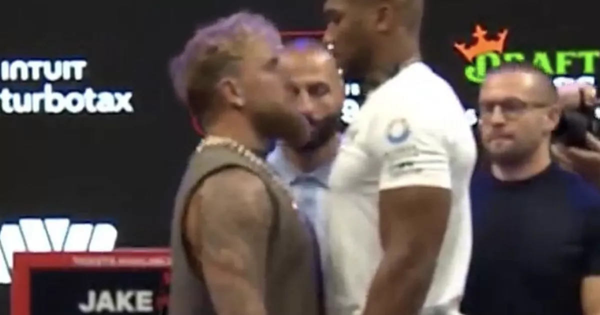 Anthony Joshua towers over rival Jake Paul in first face-off