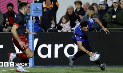Henry Arundell touches the ball to the floor to score a try for Bath