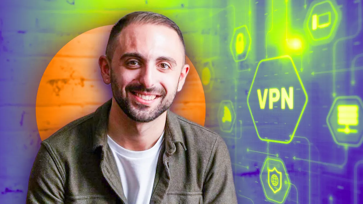 image of Mike De Socio smiling with a VPN green glowing symbol in the background