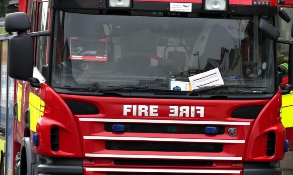 Part of a bus on fire in North Yorkshire village