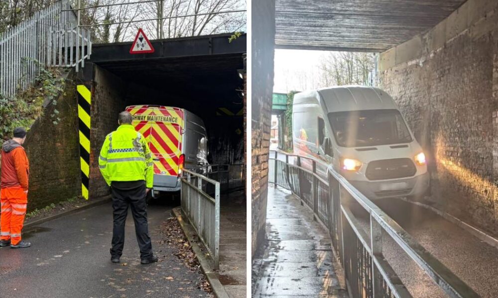 Van becomes wedged under Skinny Bridge, Darlington